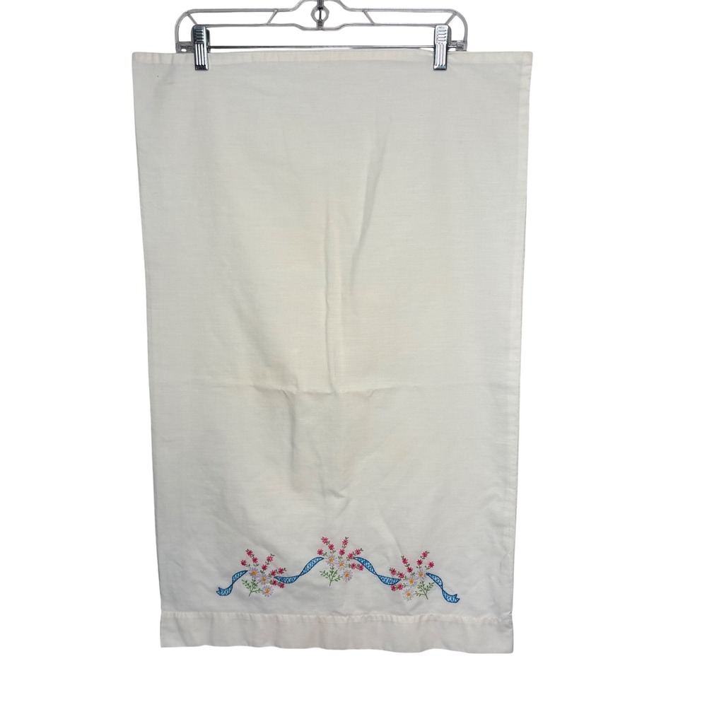 Vtg Hand Embroidered Pillowcase Floral Ribbon Cottagecore Grandmacore White